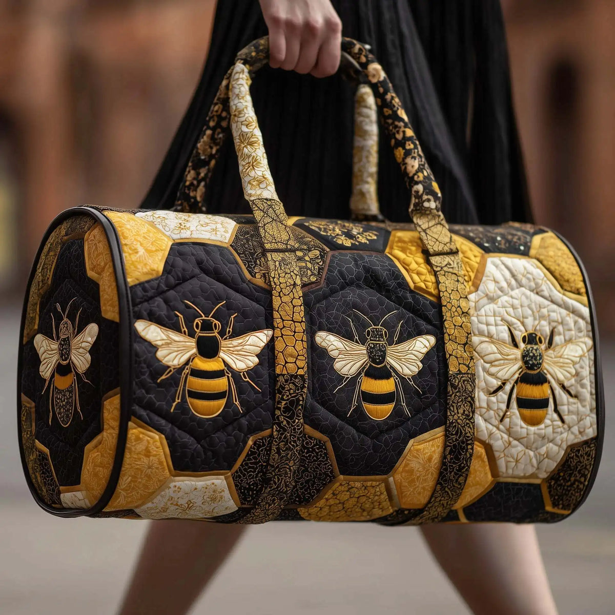 Bee Print Quilted Duffle Bag | Boho Travel & Gym Tote