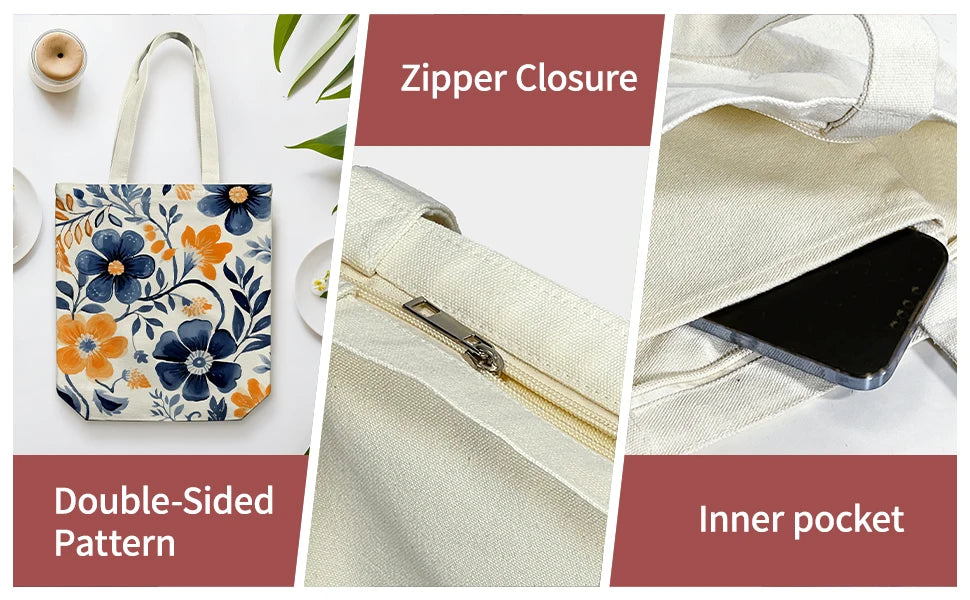 Floral Canvas Tote Bag | Zippered Women's Bag for Work, Shopping & Everyday