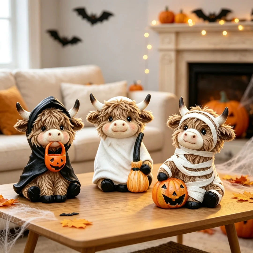 Halloween Highland Cow Statue Set — Ghost, Mummy & Pumpkin Shelf Décor