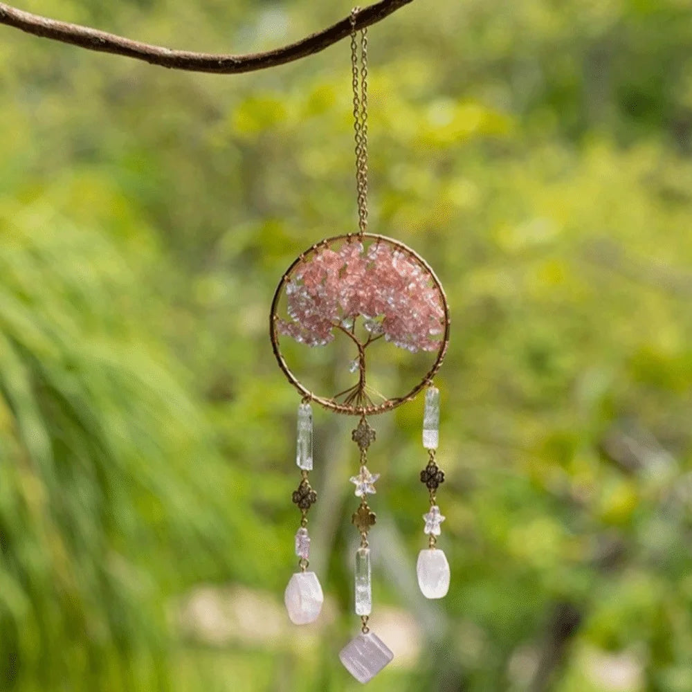 Rose Quartz Tree of Life Suncatcher | Boho Window Hanging