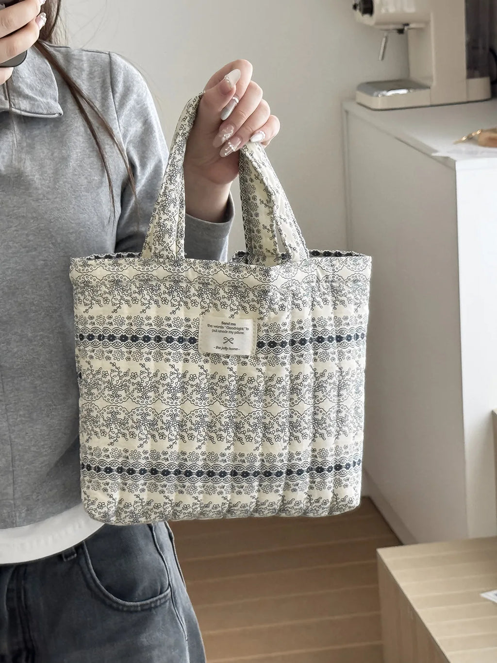 Quilted Cotton Flower Tote Bag | Boho Lunch & Shoulder Bag for Women