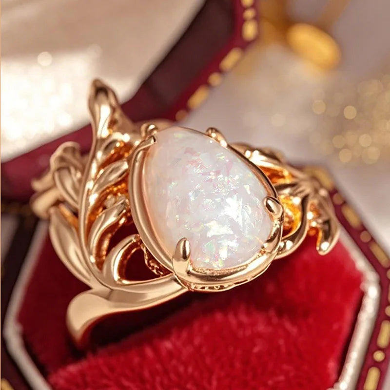 Opal-Look Teardrop Leaf Ring | Gold-Tone Boho
