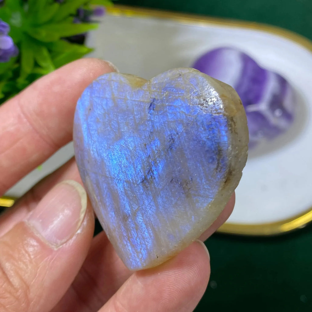 Blue Moonstone Heart Palm Stone | Hand-Carved · Love, Intuition & New Beginnings