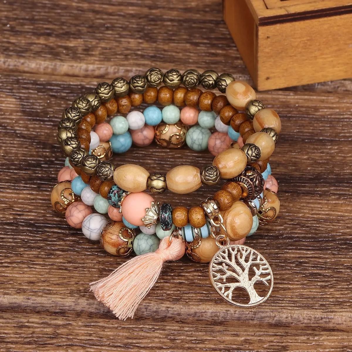 Boho Tree of Life Bracelet Set | Tassel Charm Wooden Bead Bangle for Women
