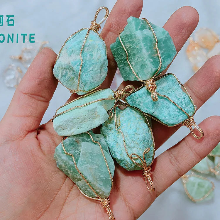 Natural Stone Crystal Pendant Necklace — Twisted Wire Wrap in Gold or Silver Tone