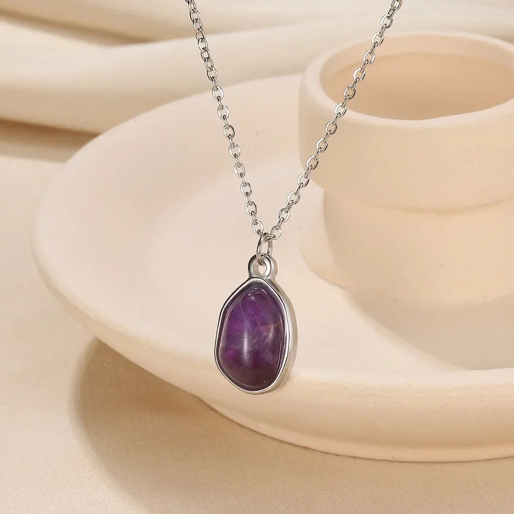 Natural Stone Crystal Pendant Necklace — Irregular Stainless Steel Clavicle Chain for Women