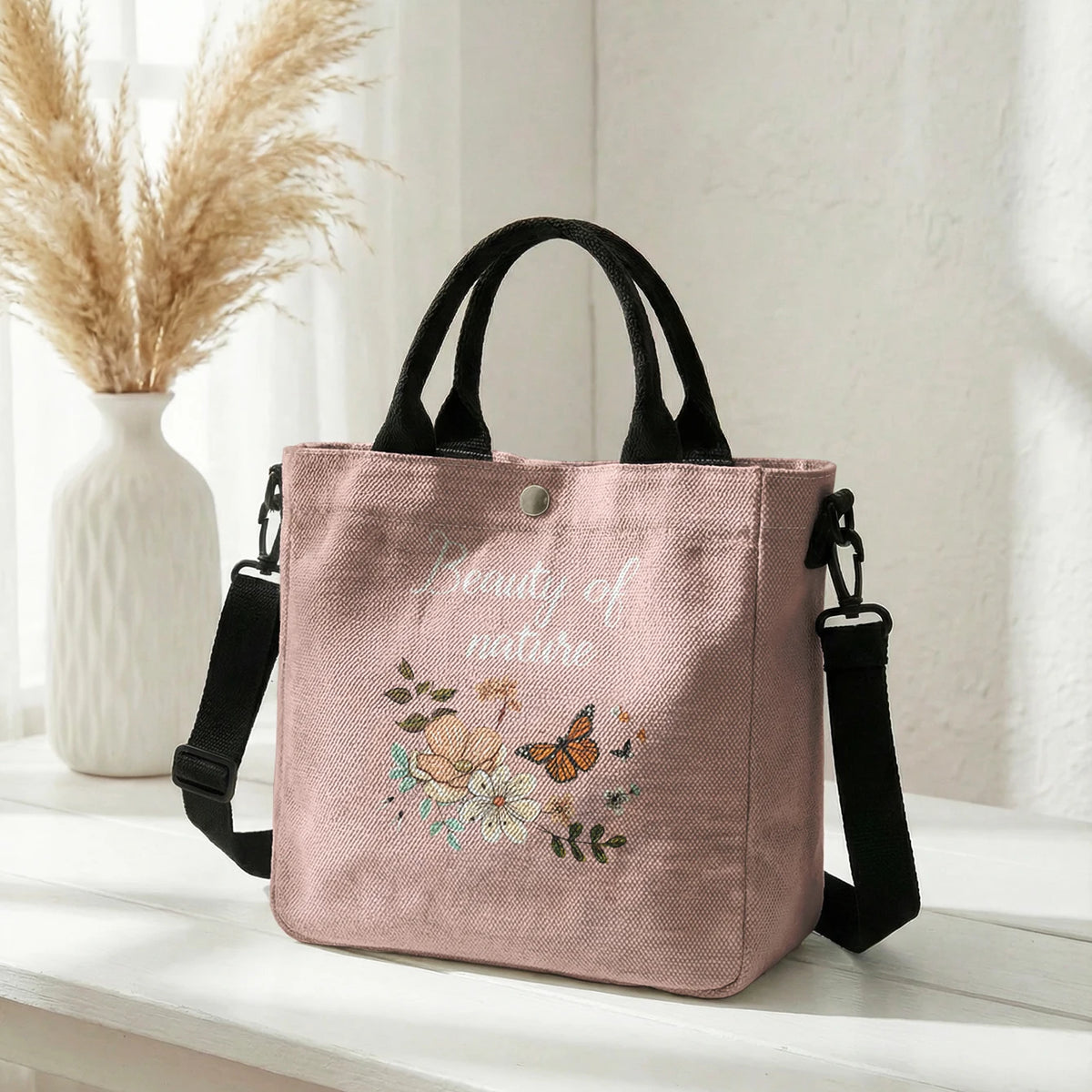 Floral Butterfly Tote Bag with Detachable Crossbody Strap