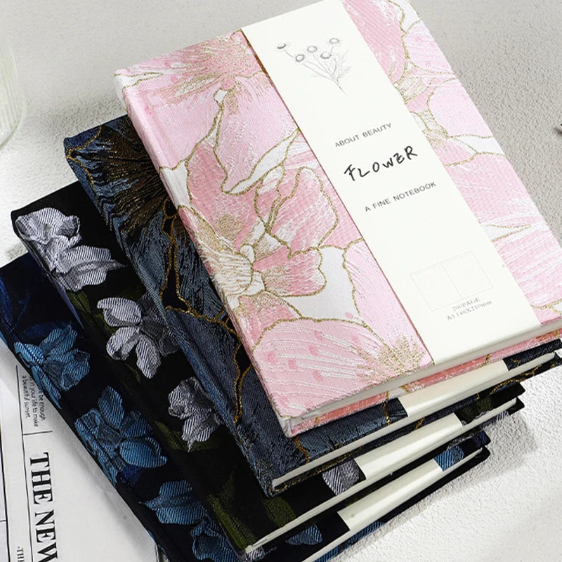 Peony Fabric Hardcover Journal | A5 Lined Notebook with Golden Glitter Floral Design