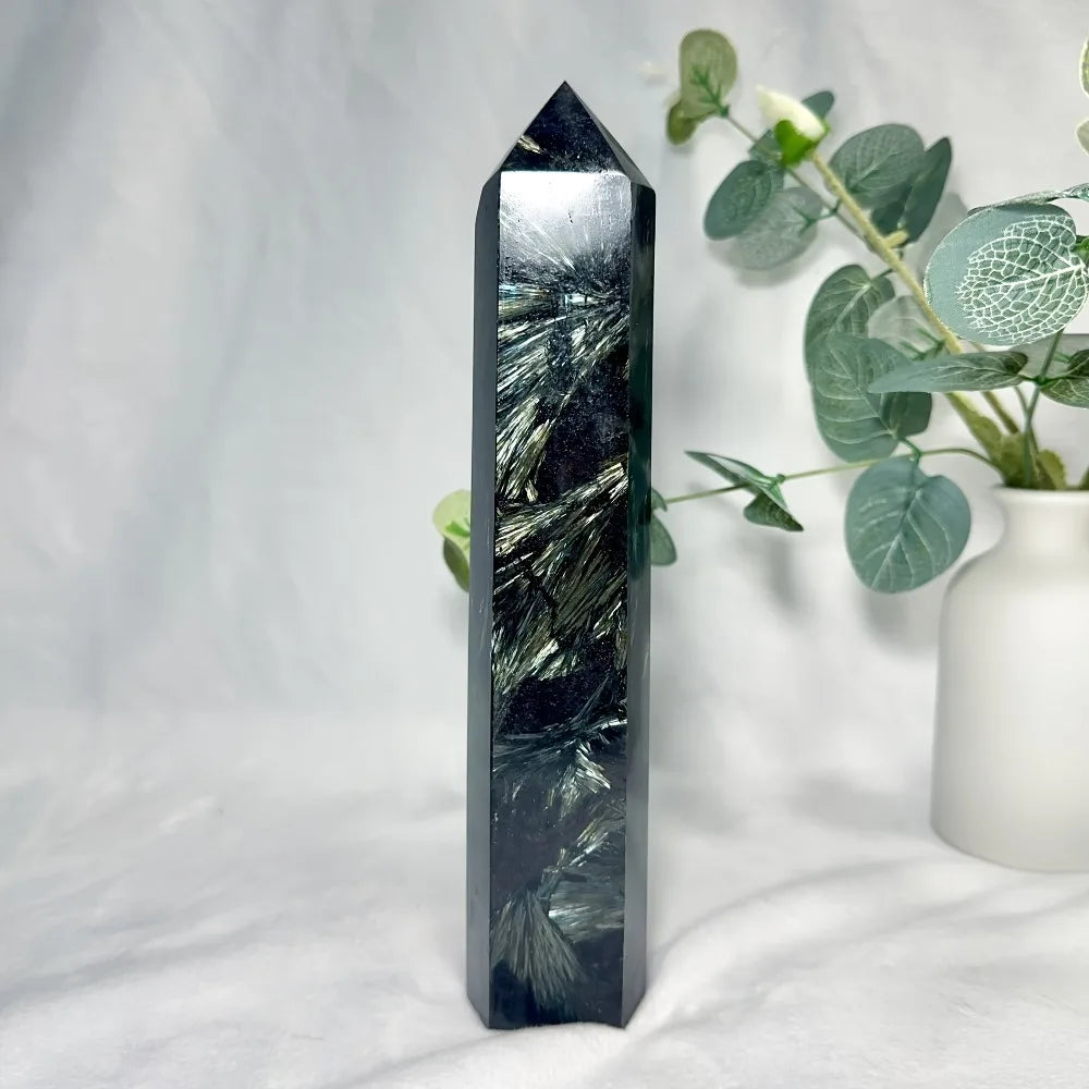 Natural Astrophyllite & Arfvedsonite Crystal Tower — Flashy Metaphysical Stone Obelisk