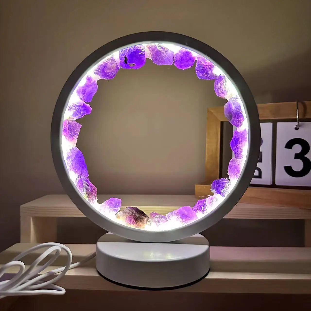 7 Chakra Crystal Column LED Night Light — USB Wood Base Obelisk