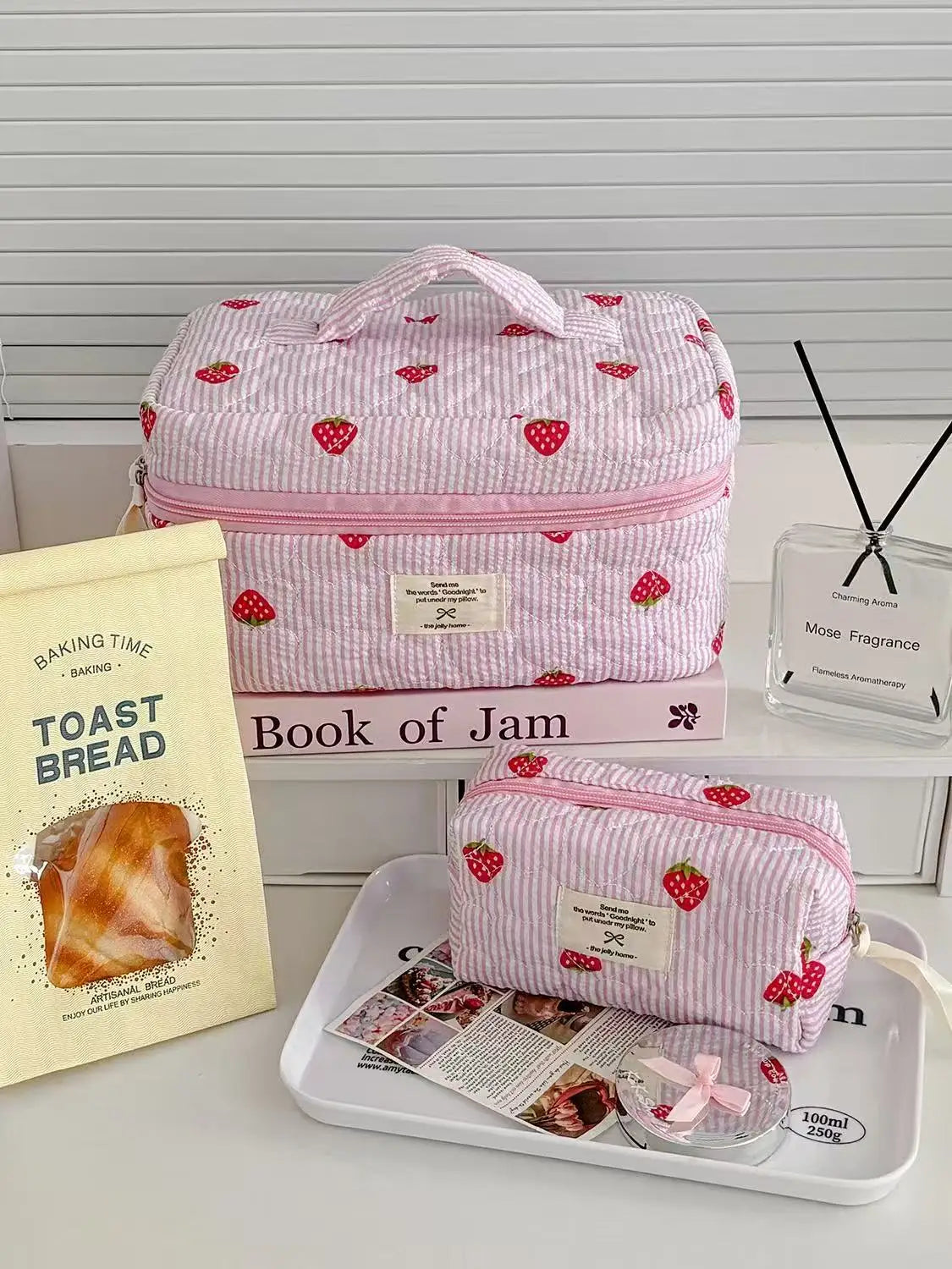 Pink Strawberry Quilted Toiletry Bag | Travel Cosmetic Organizer