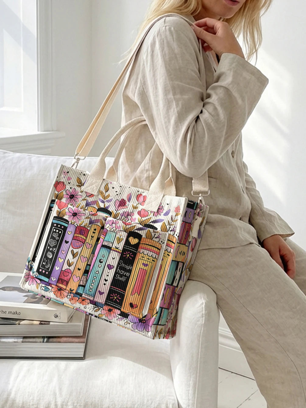Books & Flowers Corduroy Tote Bag | Choose Your Color