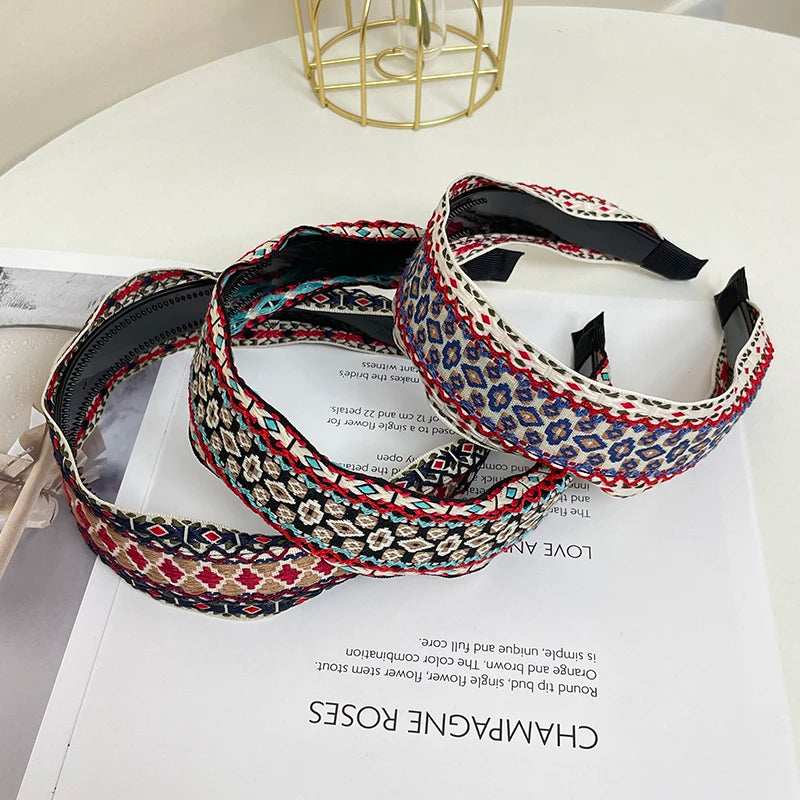 Boho Knitted Wide Headband | Embroidered Fabric Hair Band for Women & Girls