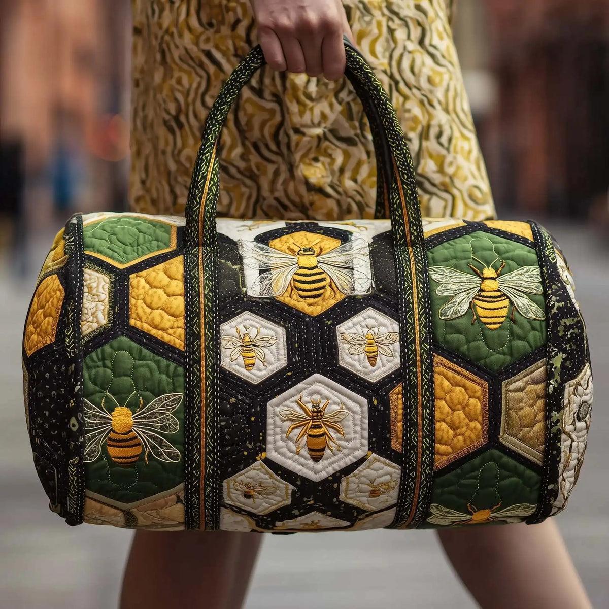 Bee Print Quilted Duffle Bag | Boho Travel & Gym Tote