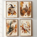 Autumn Magic Canvas Print Set of 4 | Books, Owl & Train