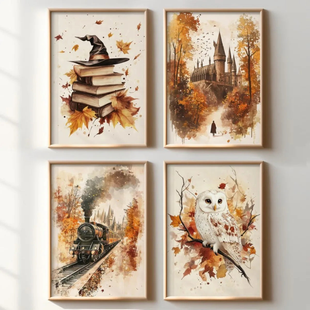Autumn Magic Canvas Print Set of 4 | Books, Owl & Train