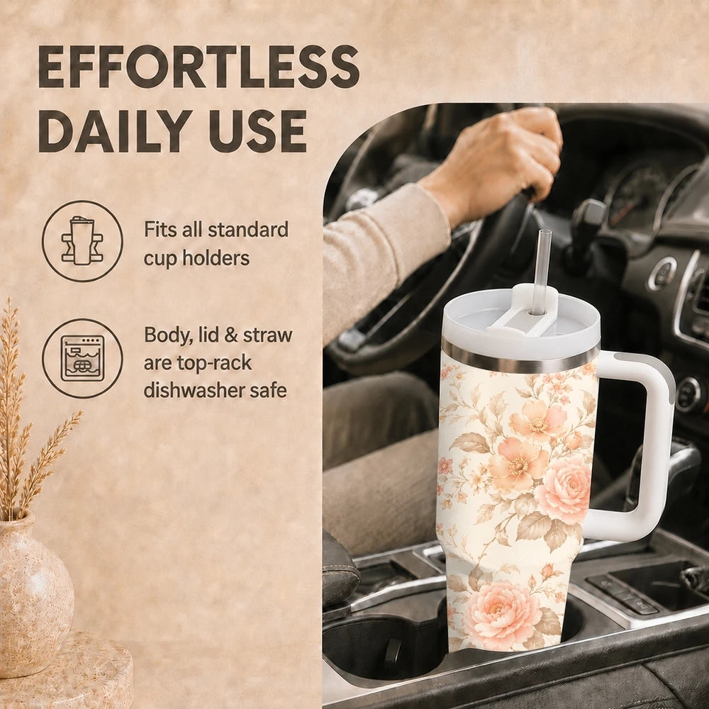 40oz Floral Art Insulated Tumbler | Leak-Proof Travel Mug with Handle & Straw