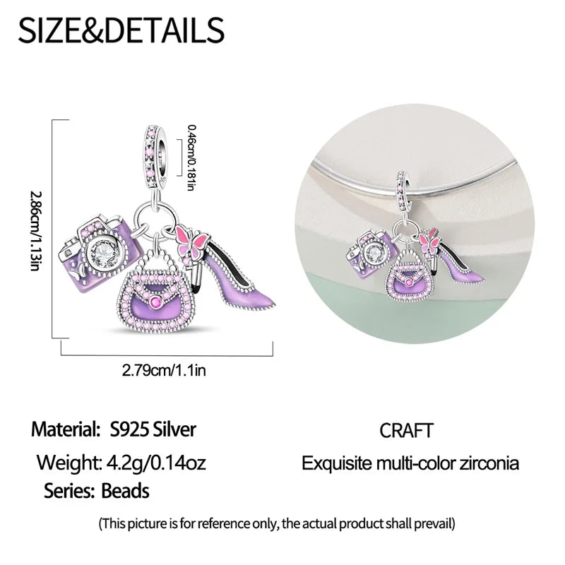 925 Sterling Silver Purple Zircon Bag Charm – Fine Jewelry Pendant for Bracelets & Gifts