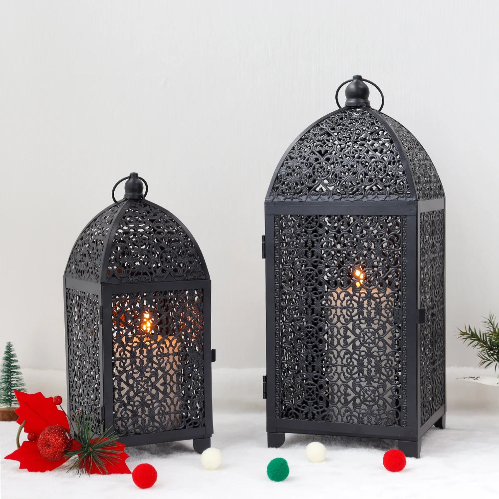 Black Metal Candle Lantern Set | Vintage Boho Candle Holders (Set of 2)