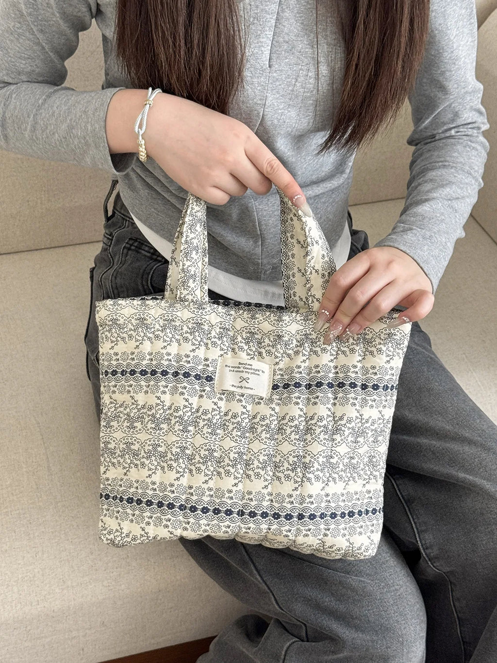 Quilted Cotton Flower Tote Bag | Boho Lunch & Shoulder Bag for Women