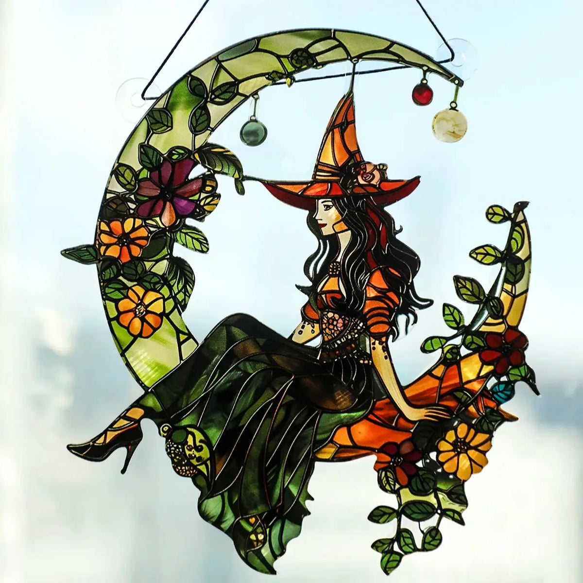Halloween Witch & Crescent Moon 2D Acrylic Suncatcher | Boho Window Hanging Ornament
