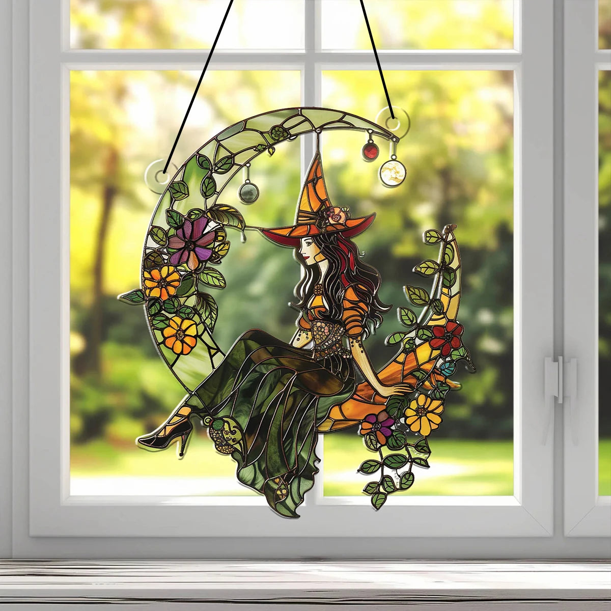 Halloween Witch & Crescent Moon 2D Acrylic Suncatcher | Boho Window Hanging Ornament