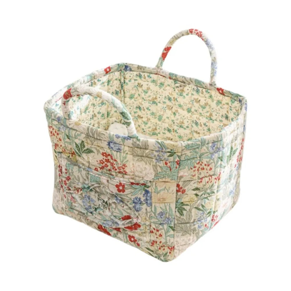 Quilted Floral Storage Basket — Collapsible Fabric Organizer Bag