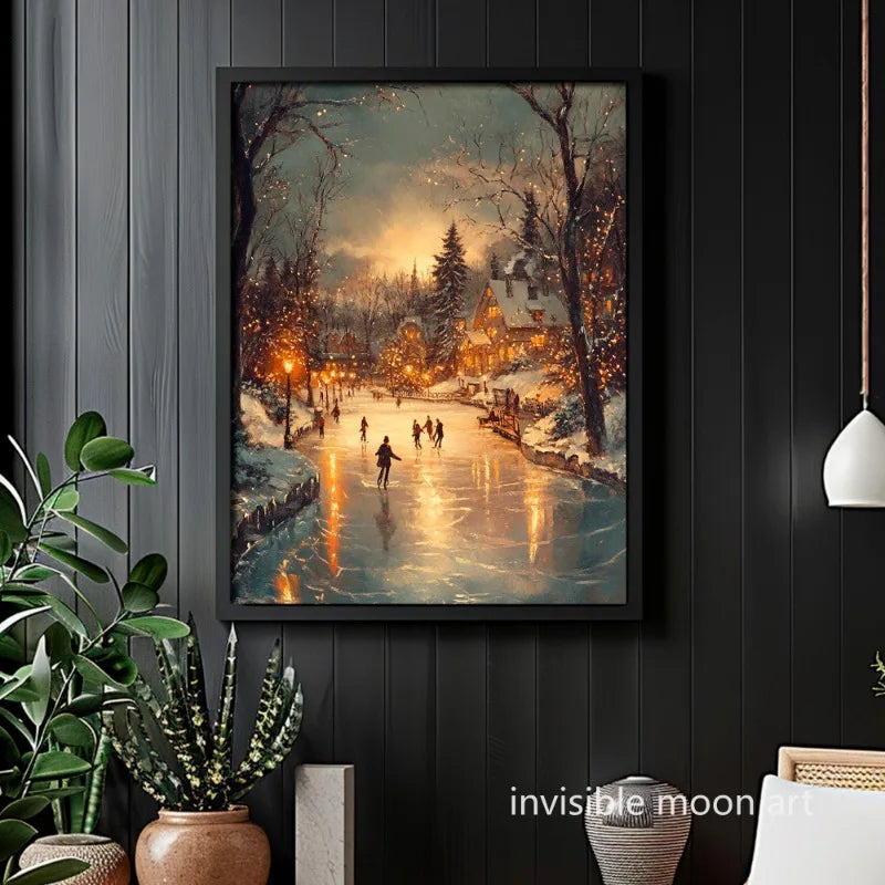 Vintage Christmas Winter Village Canvas Print | Ice Skating River Scene Wall Art