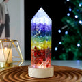 7 Chakra Crystal Column LED Night Light — USB Wood Base Obelisk