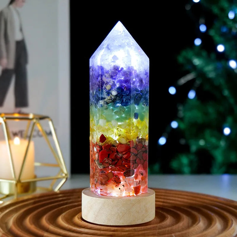 7 Chakra Crystal Column LED Night Light — USB Wood Base Obelisk