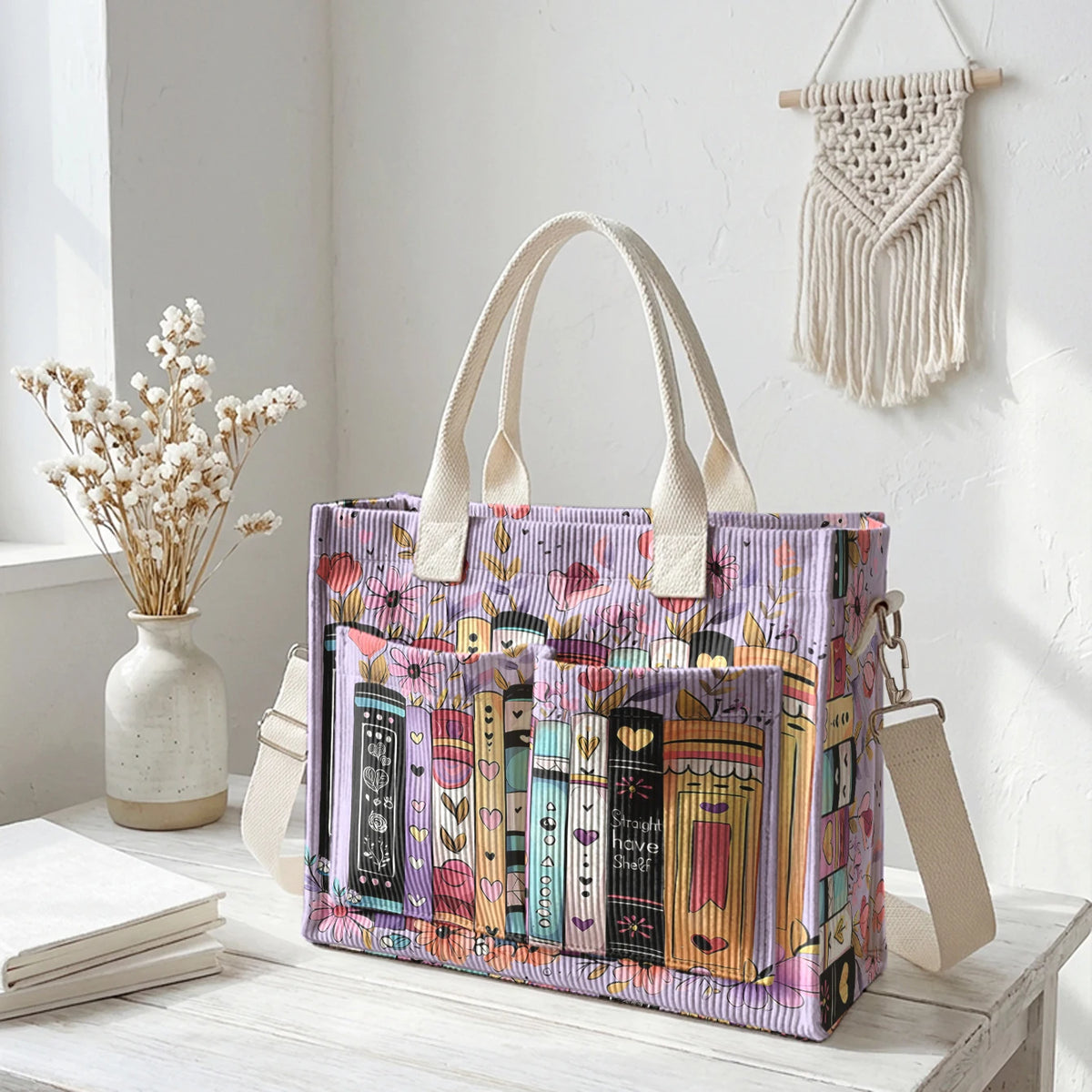 Books & Flowers Corduroy Tote Bag | Choose Your Color