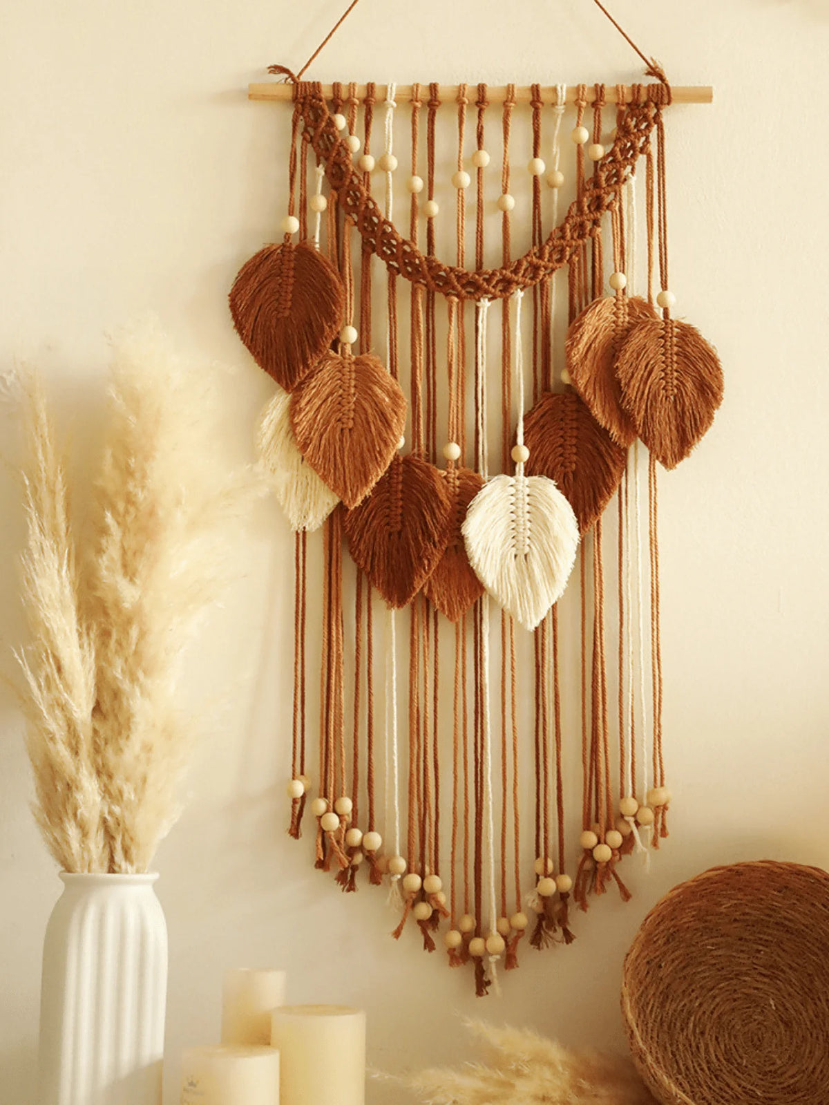 Boho Macrame Wall Hanging | Cotton Leaf Pattern Tapestry with Wood Beads 40x76cm