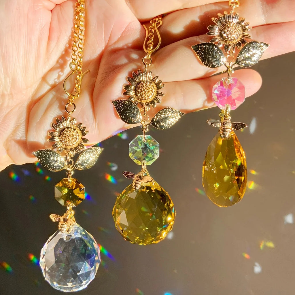 Sunflower & Bee Crystal Suncatcher Pendant