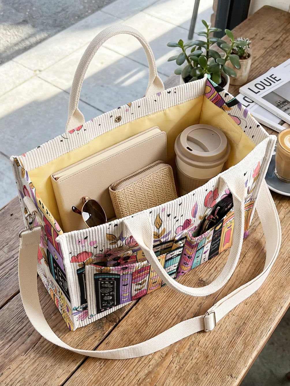 Books & Flowers Corduroy Tote Bag | Choose Your Color