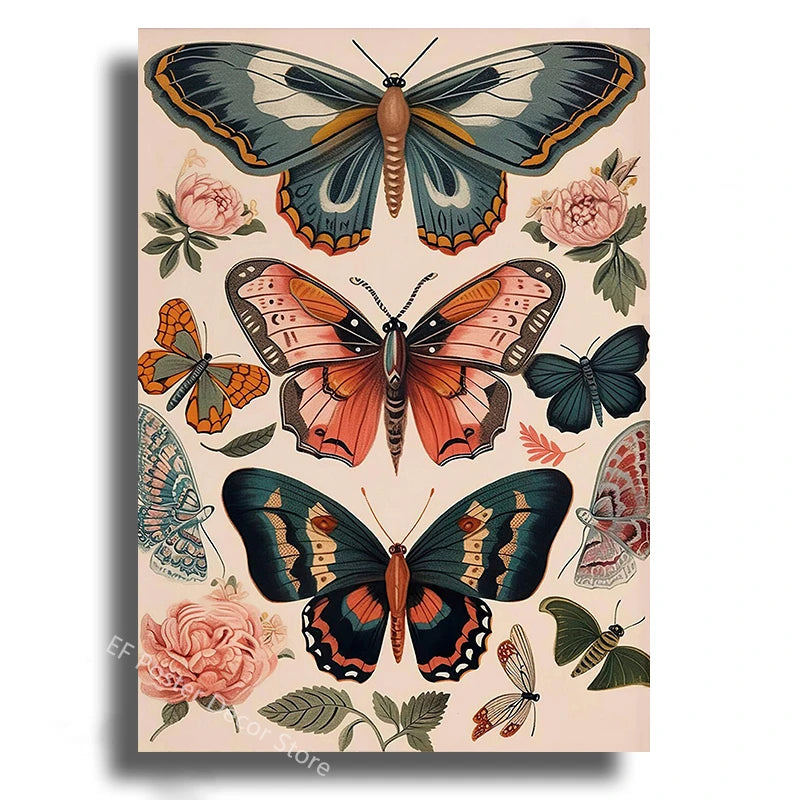 Boho Butterfly & Floral Aesthetic Poster Print | Vintage Wall Art for Living Room, Bedroom & Home Decor