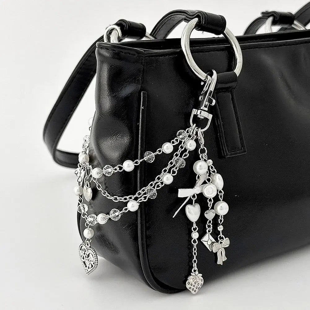 Gothic Multi-Layer Chain Bag Charm – Heart, Bow & Tassel Alloy Pendant with Lobster Clasp