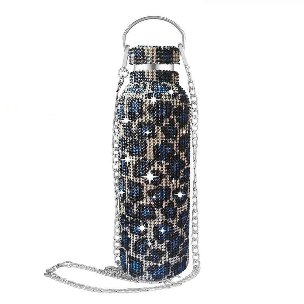 Shiny Glitter & Leopard Print Tumbler | Insulated Stainless Steel Cup with Chain