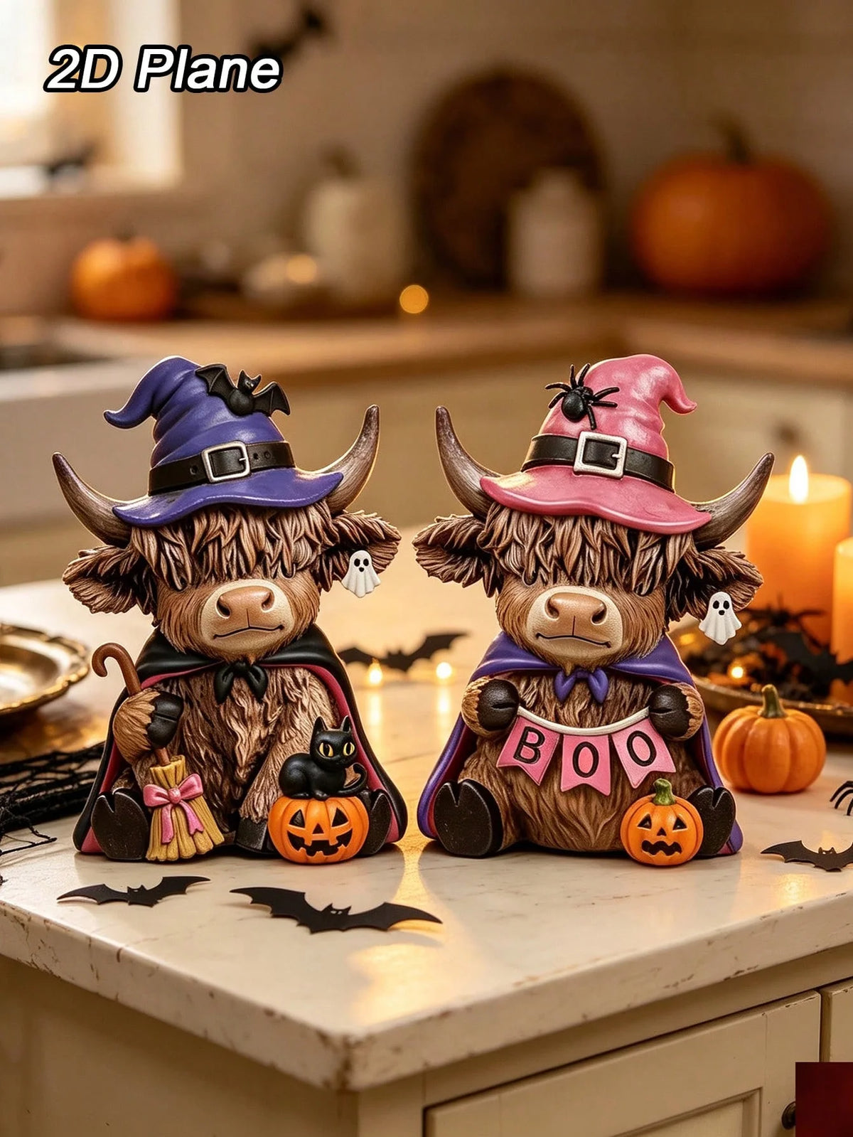 Halloween Highland Cow Wooden Statue Set | Skull Hat Tabletop Decor | Multiple Colors