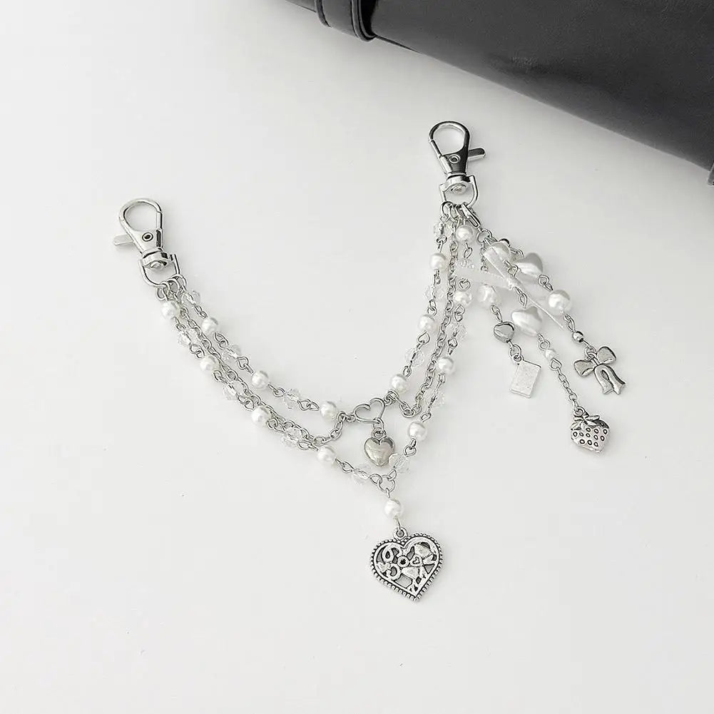 Gothic Multi-Layer Chain Bag Charm – Heart, Bow & Tassel Alloy Pendant with Lobster Clasp