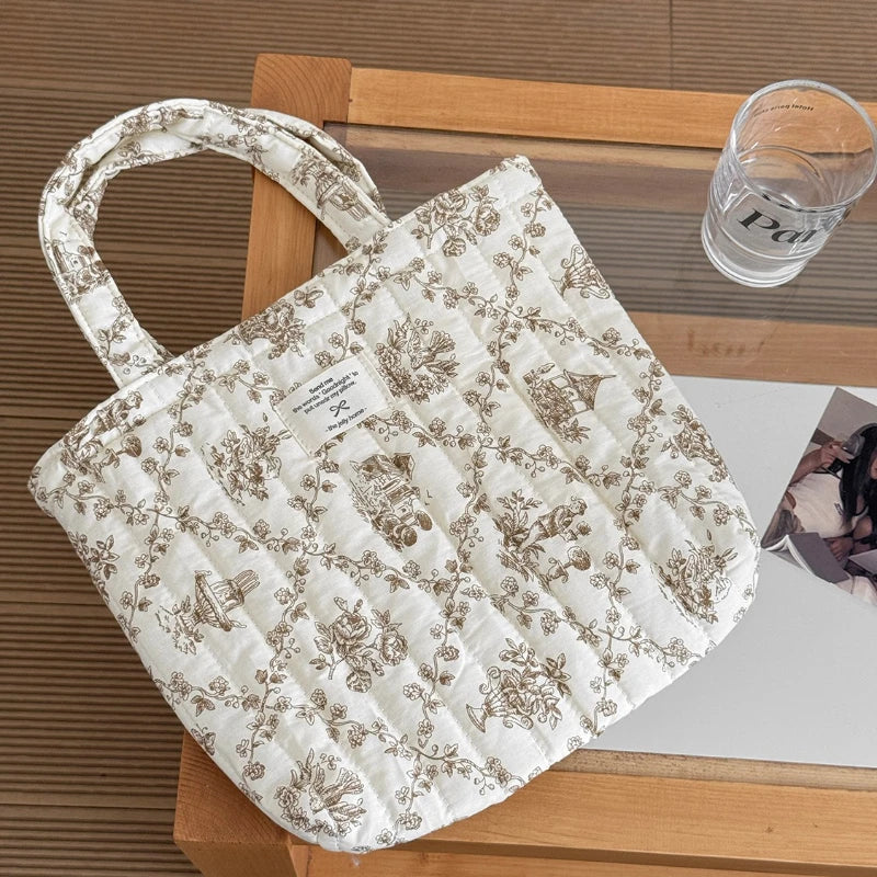 Quilted Cotton Flower Tote Bag | Boho Lunch & Shoulder Bag for Women