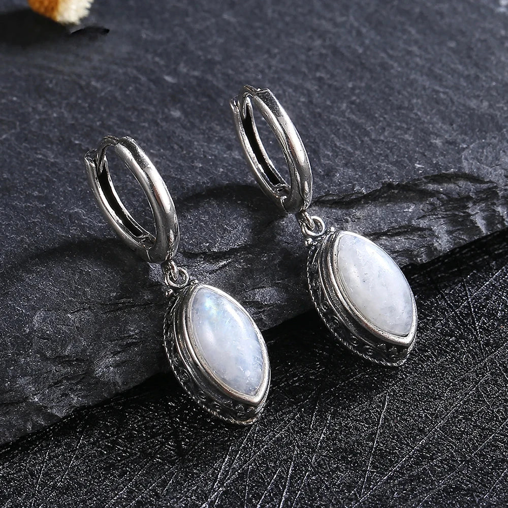 Natural Moonstone Drop Earrings | Silver Plated | Boho Ethnic Dangle