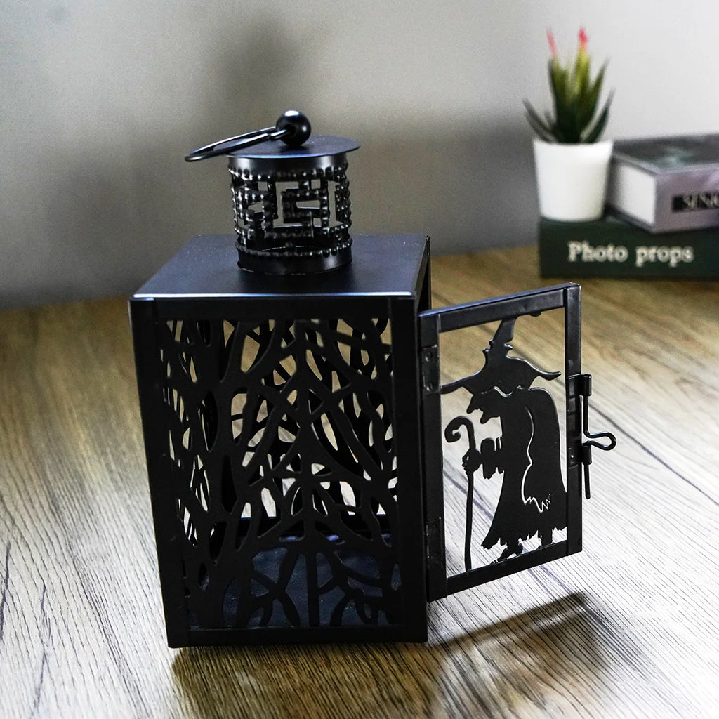 Halloween Iron Hollowed Lantern | Candle Lantern in Cat, Witch, Haunted House & Spooky Tree