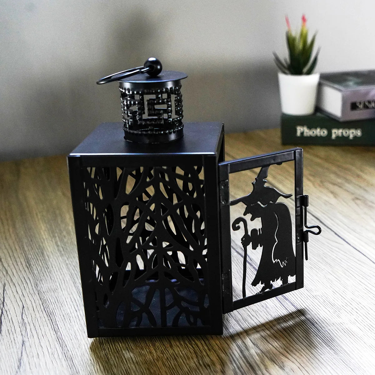 Halloween Iron Hollowed Lantern | Candle Lantern in Cat, Witch, Haunted House & Spooky Tree