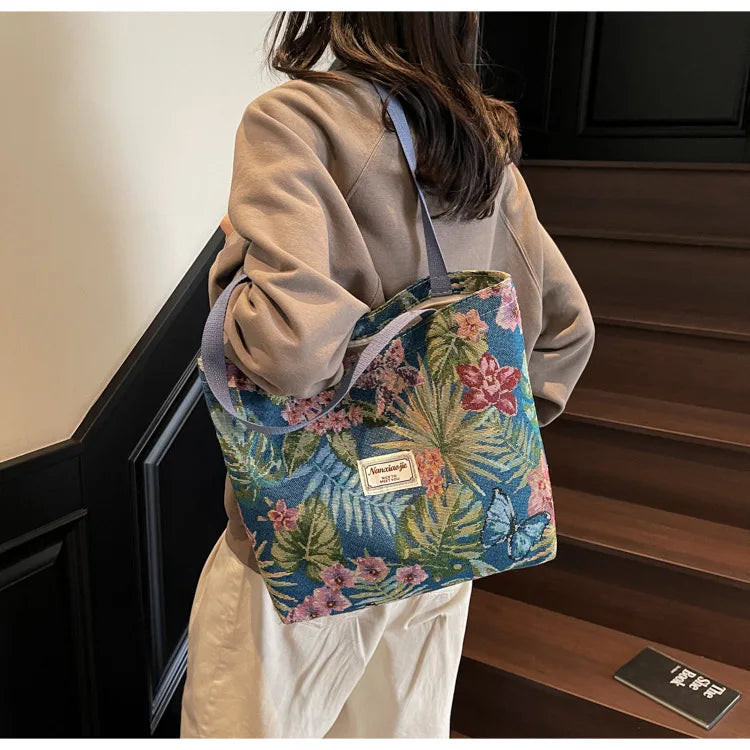 Floral Canvas Shoulder Tote | Four Colors & Two Sizes
