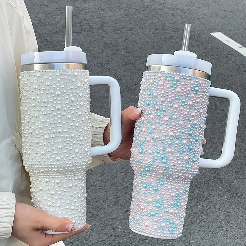 40oz Pearl & Rhinestone Tumbler | Vacuum Insulated Wide Handle Car Cup