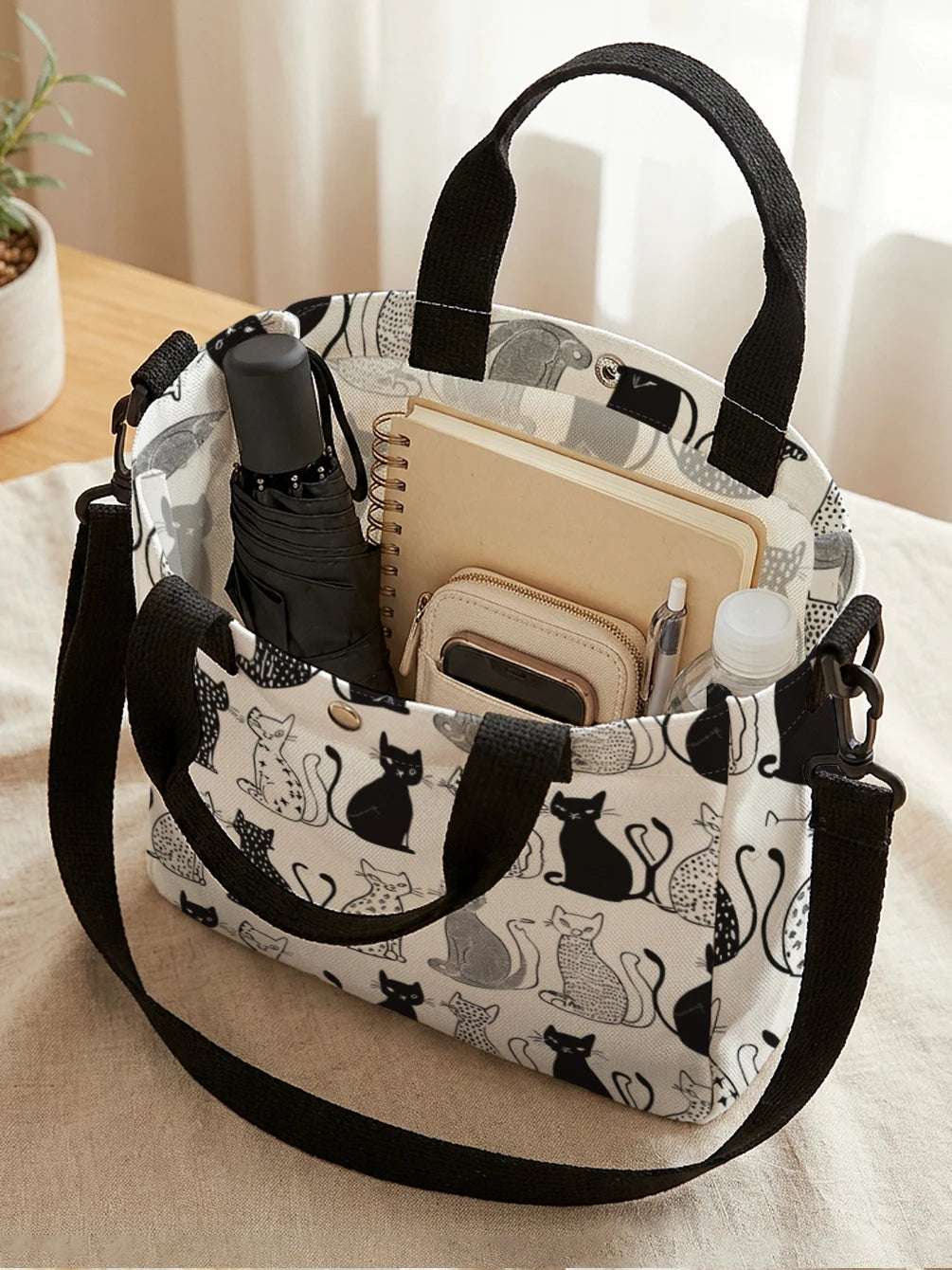 Black & White Cat Print Tote Bag with Detachable Strap