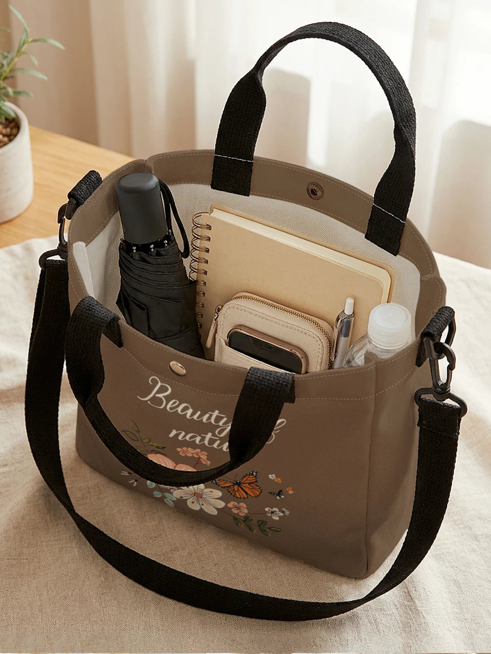 Floral Butterfly Tote Bag with Detachable Crossbody Strap