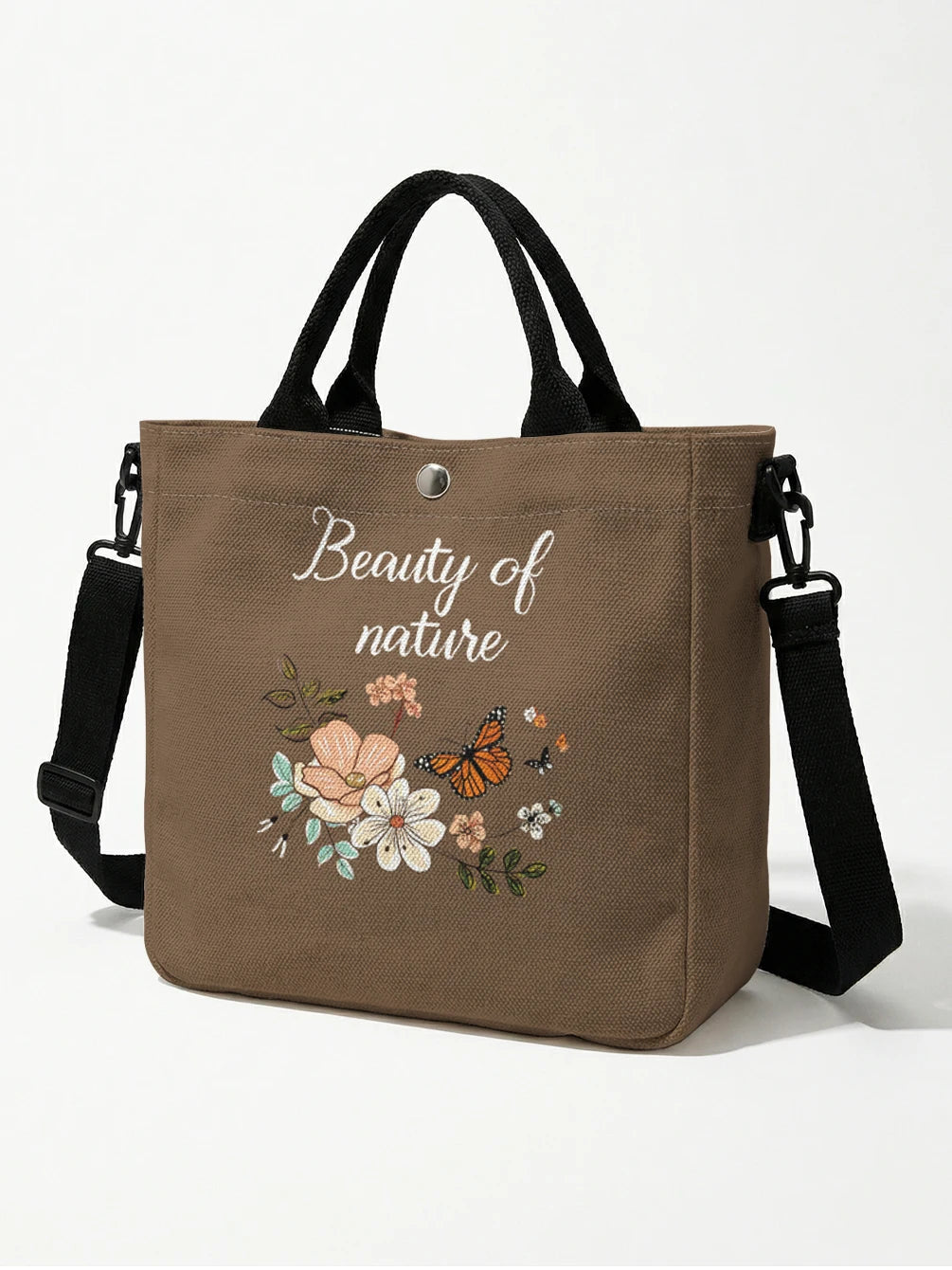 Floral Butterfly Tote Bag with Detachable Crossbody Strap