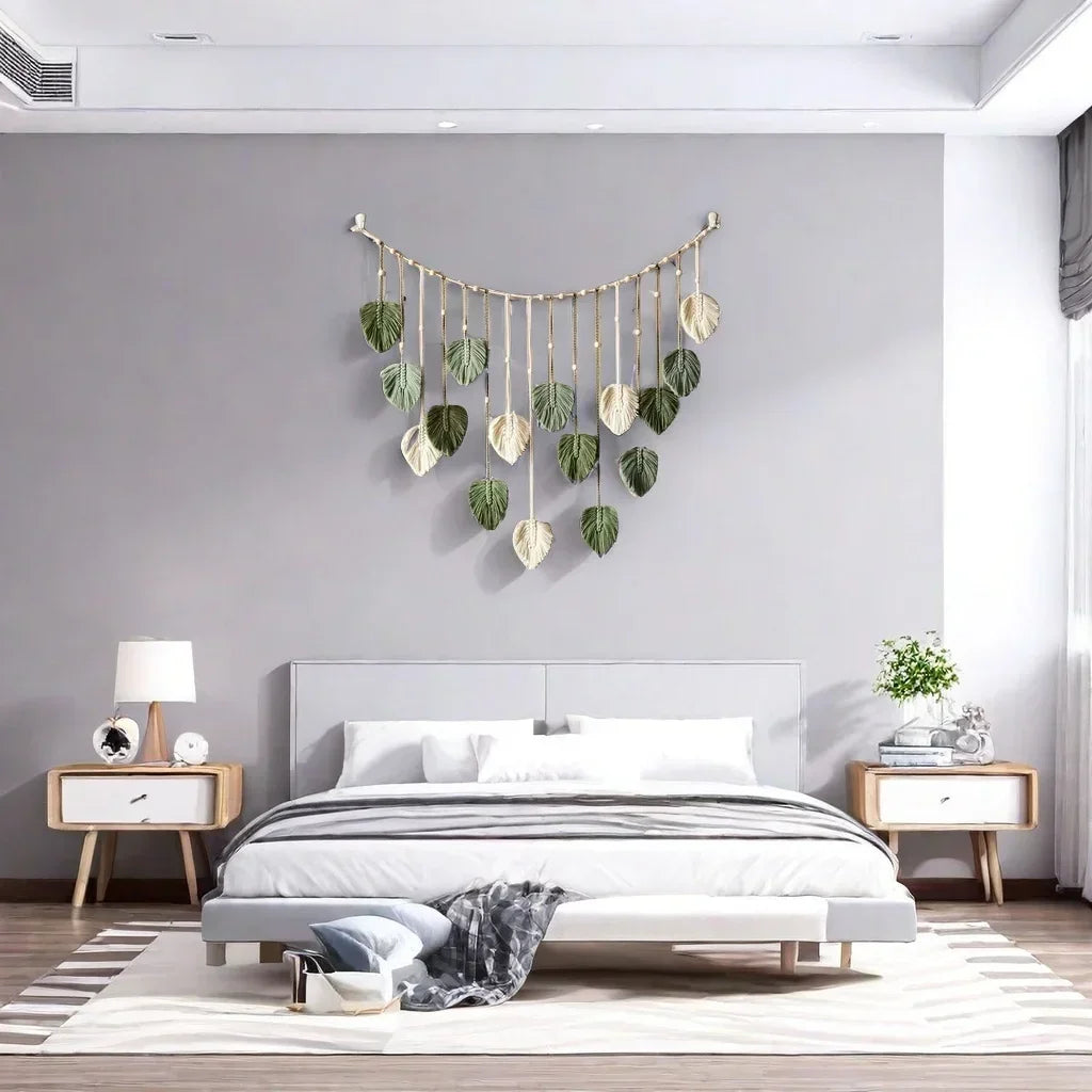 Boho Macrame Leaf & Feather Wall Hanging | Handmade Tapestry in Green or Coffee