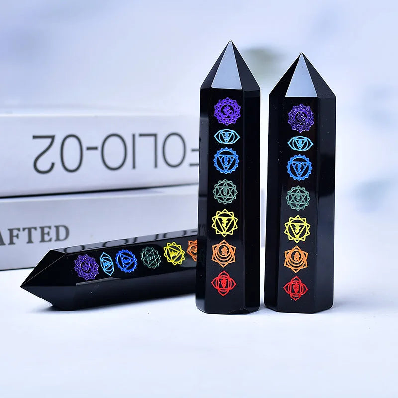 Natural Black Obsidian Crystal Tower — Seven Chakra, Moon & Golden Snake Designs